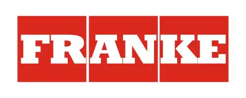 Franke Schriftzug in weißen Buchstaben auf roten Quadraten.